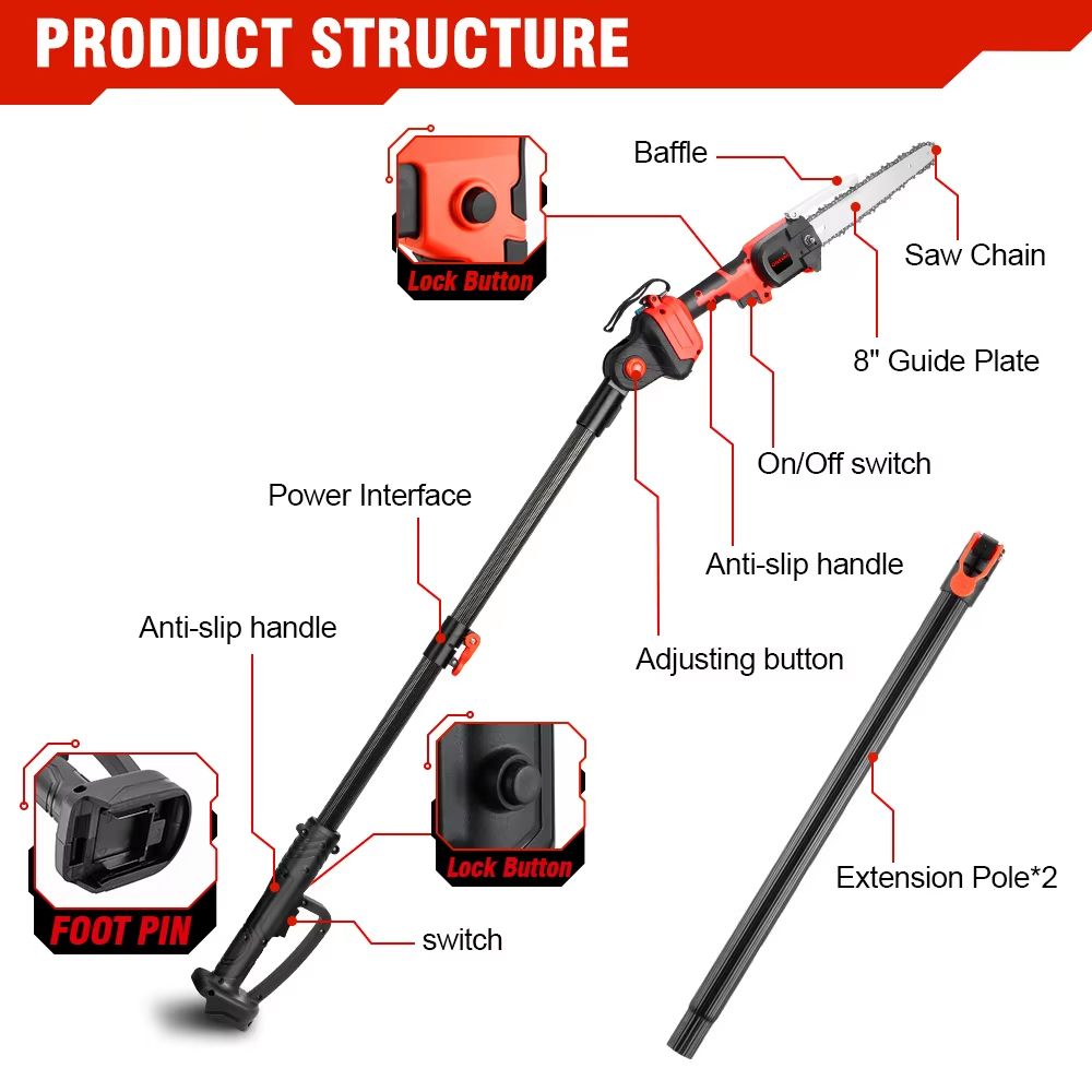 ONEVAN Cordless Telescoping Pole Saw 4500W Brushless High Branch Pruning Tool For 18V Battery 2