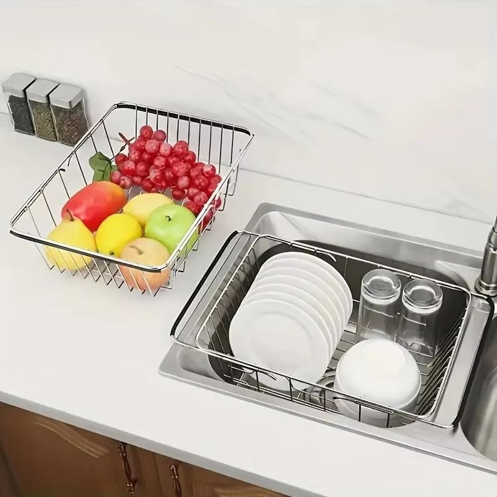 Retractable Sink Drain Rack Adjustable Dish And Produce Washing Basket For Kitchen Sink 2