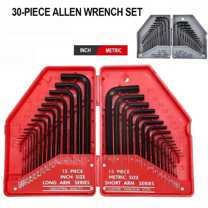 30Piece Hex Key Wrench Set SAE And Metric LShaped Allen Wrenches Chrome Vanadium Steel 0