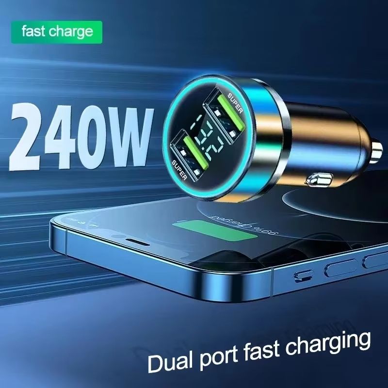 240W Dual USB Fast Charging Car Charger With Digital Display And Ambient Light For 12V24V Vehicles 0