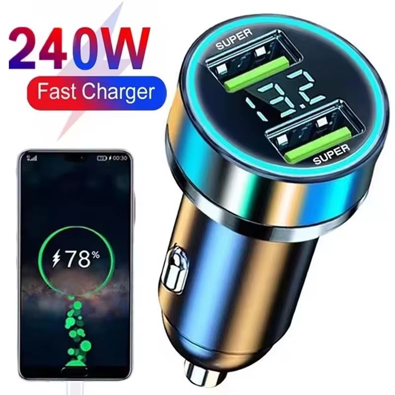 240W Dual USB Fast Charging Car Charger With Digital Display And Ambient Light For 12V24V Vehicles 4