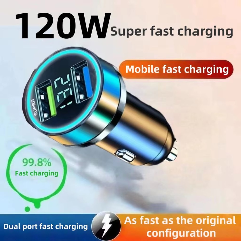 240W Dual USB Fast Charging Car Charger With Digital Display And Ambient Light For 12V24V Vehicles 5
