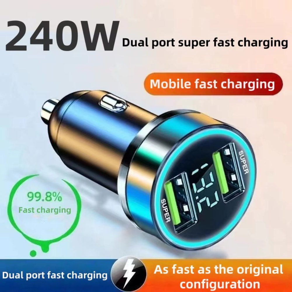 240W Dual USB Fast Charging Car Charger With Digital Display And Ambient Light For 12V24V Vehicles 7