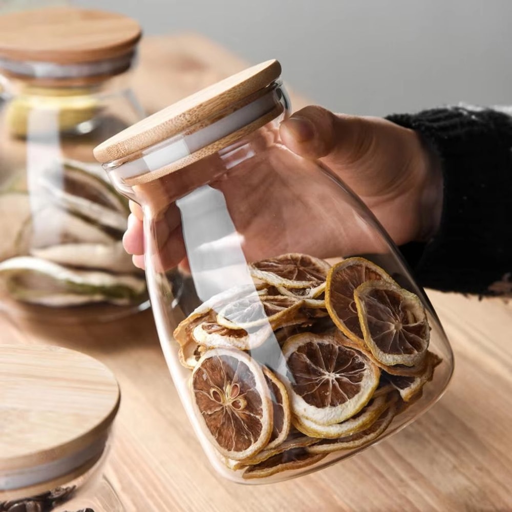 KEMORELA Glass Airtight Canister With Wood Lid For Tea Coffee And Kitchen Storage 2