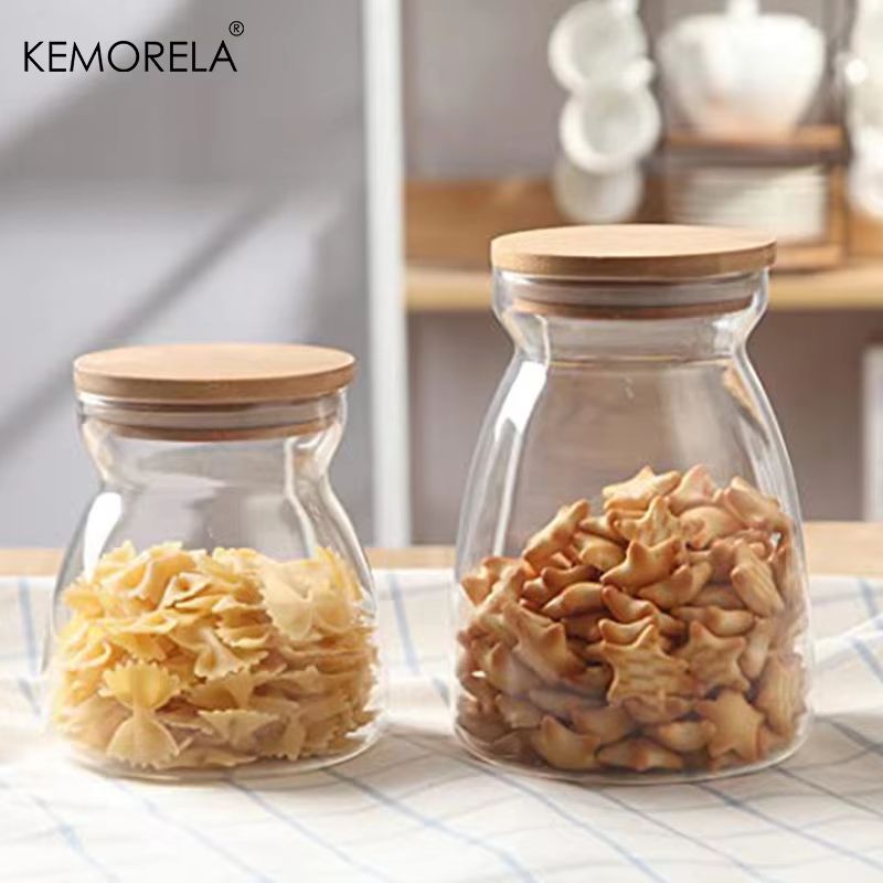 KEMORELA Glass Airtight Canister With Wood Lid For Tea Coffee And Kitchen Storage 3