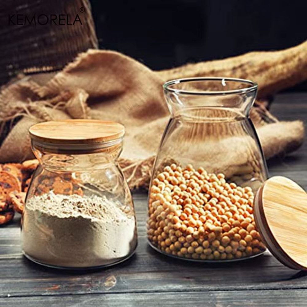 KEMORELA Glass Airtight Canister With Wood Lid For Tea Coffee And Kitchen Storage 4