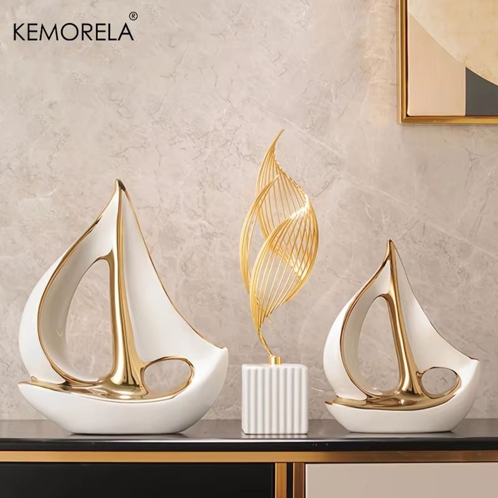 Luxury Ceramic Sailboat Sculpture Decorative Boat Figurine For Home And Office 0