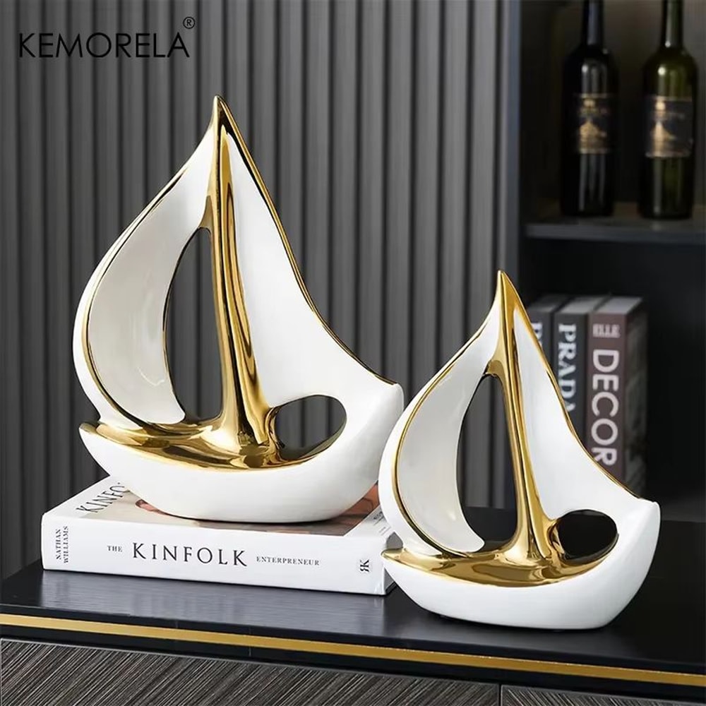 Luxury Ceramic Sailboat Sculpture Decorative Boat Figurine For Home And Office 2