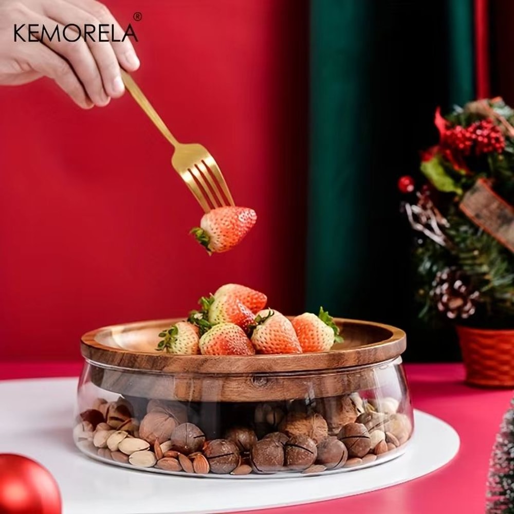 Double Layer Glass Bowl With Wooden Tray And Lid For Kitchen Storage 1