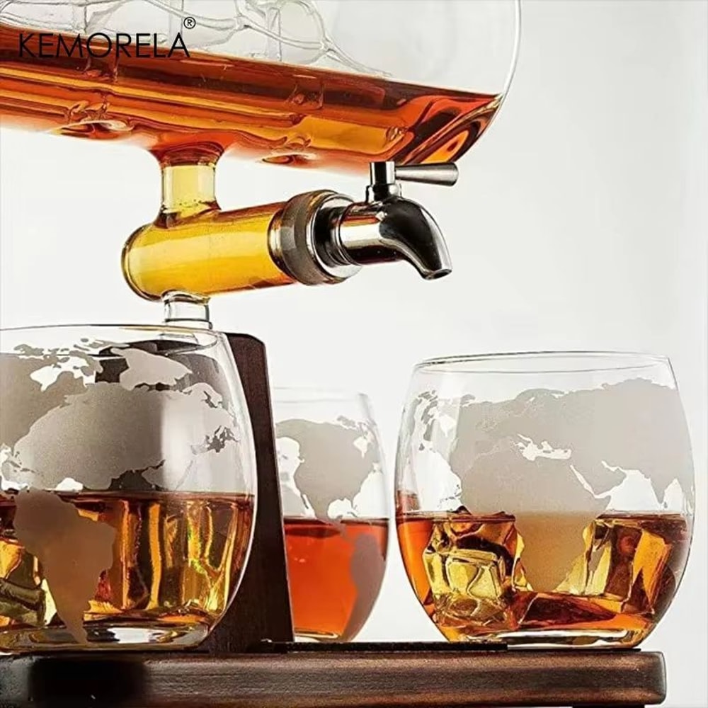 KEMORELA Antique Ship Decanter 3720 Fl Oz Whiskey Decanter Set With Wooden Stand And 4 Glasses 4