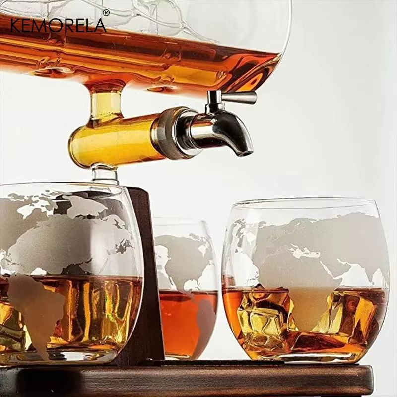 KEMORELA Antique Ship Decanter 3720 Fl Oz Whiskey Decanter Set With Wooden Stand And 4 Glasses 4