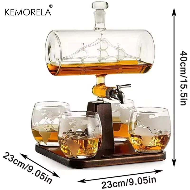KEMORELA Antique Ship Decanter 3720 Fl Oz Whiskey Decanter Set With Wooden Stand And 4 Glasses 5