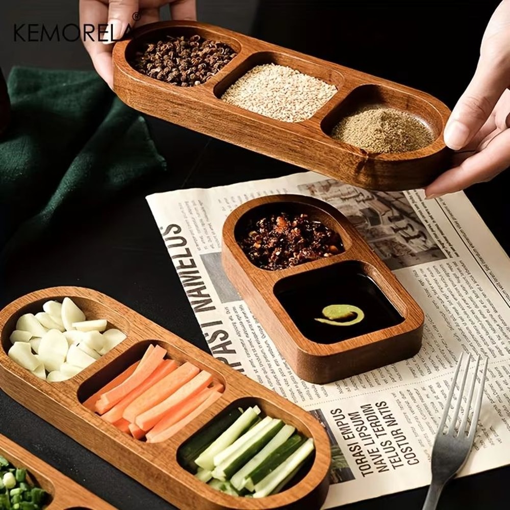 Solid Wood Divided Serving Tray 2 Or 3 Compartments Condiment And Snack Plate For Sauces Sushi Brea 1