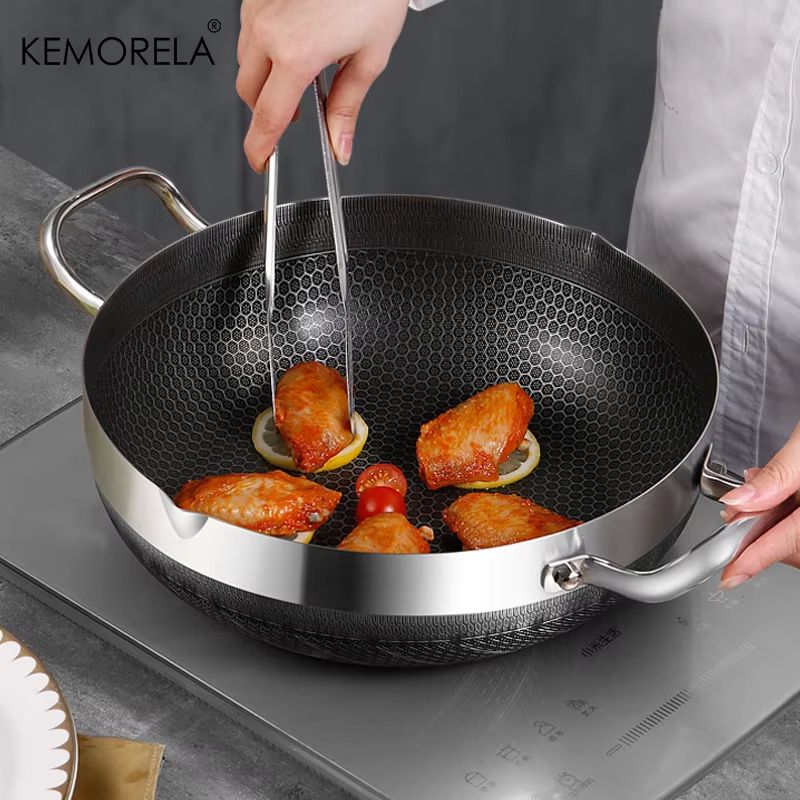 NonStick Stainless Steel Frying Pan With Lid 102411021181 In Honeycomb Bottom For Induction Gas 0