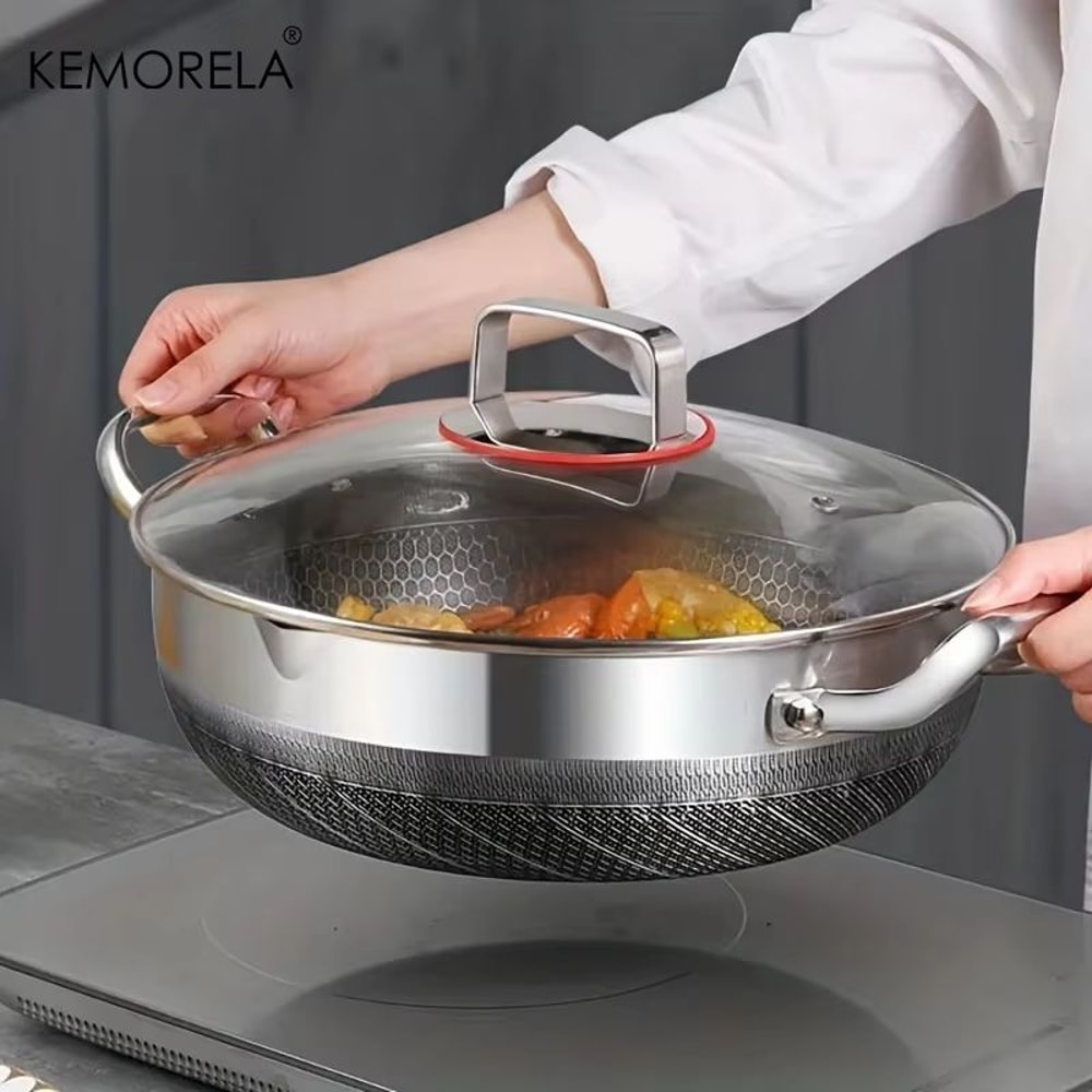 NonStick Stainless Steel Frying Pan With Lid 102411021181 In Honeycomb Bottom For Induction Gas 1