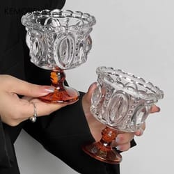 kemorela retro embossed tall glass cup – black crystal-style goblet for whiskey, coffee, and desserts (1 or 2 pcs)