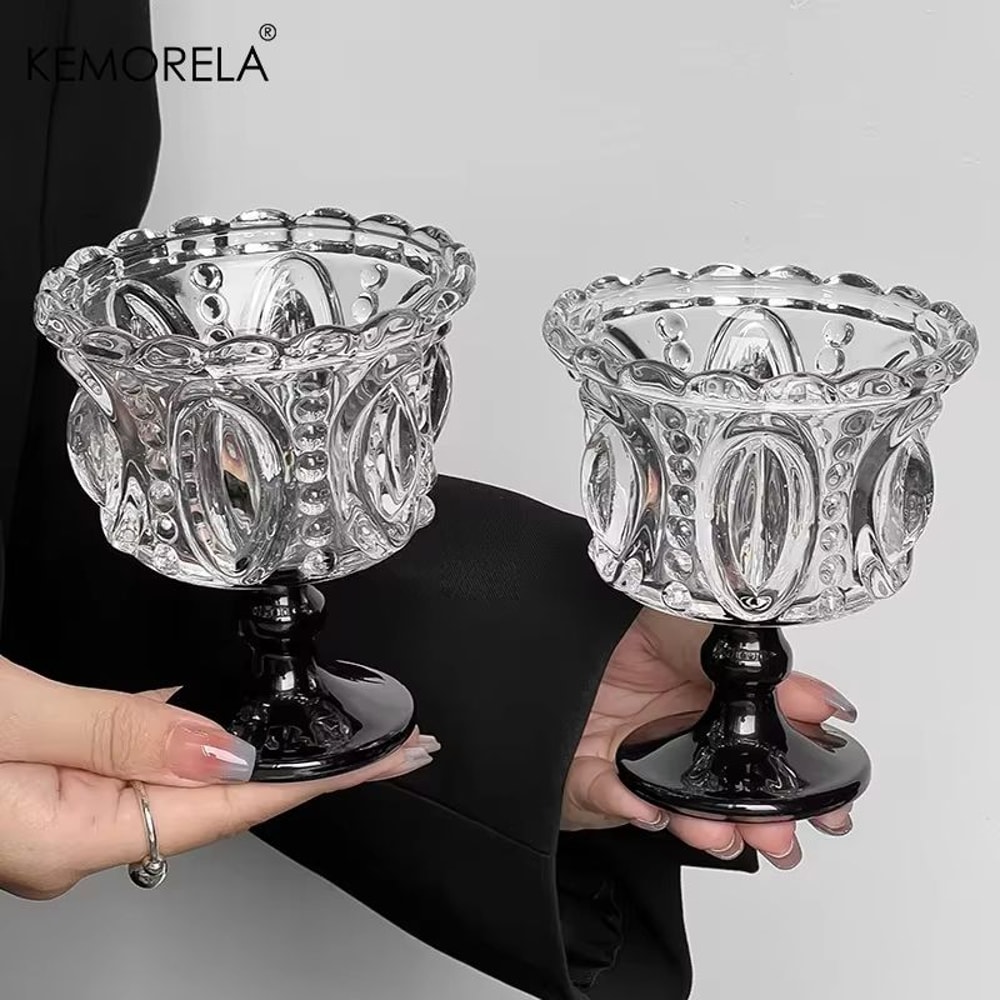 KEMORELA Retro Embossed Tall Glass Cup Black CrystalStyle Goblet For Whiskey Coffee And Desserts 1 1