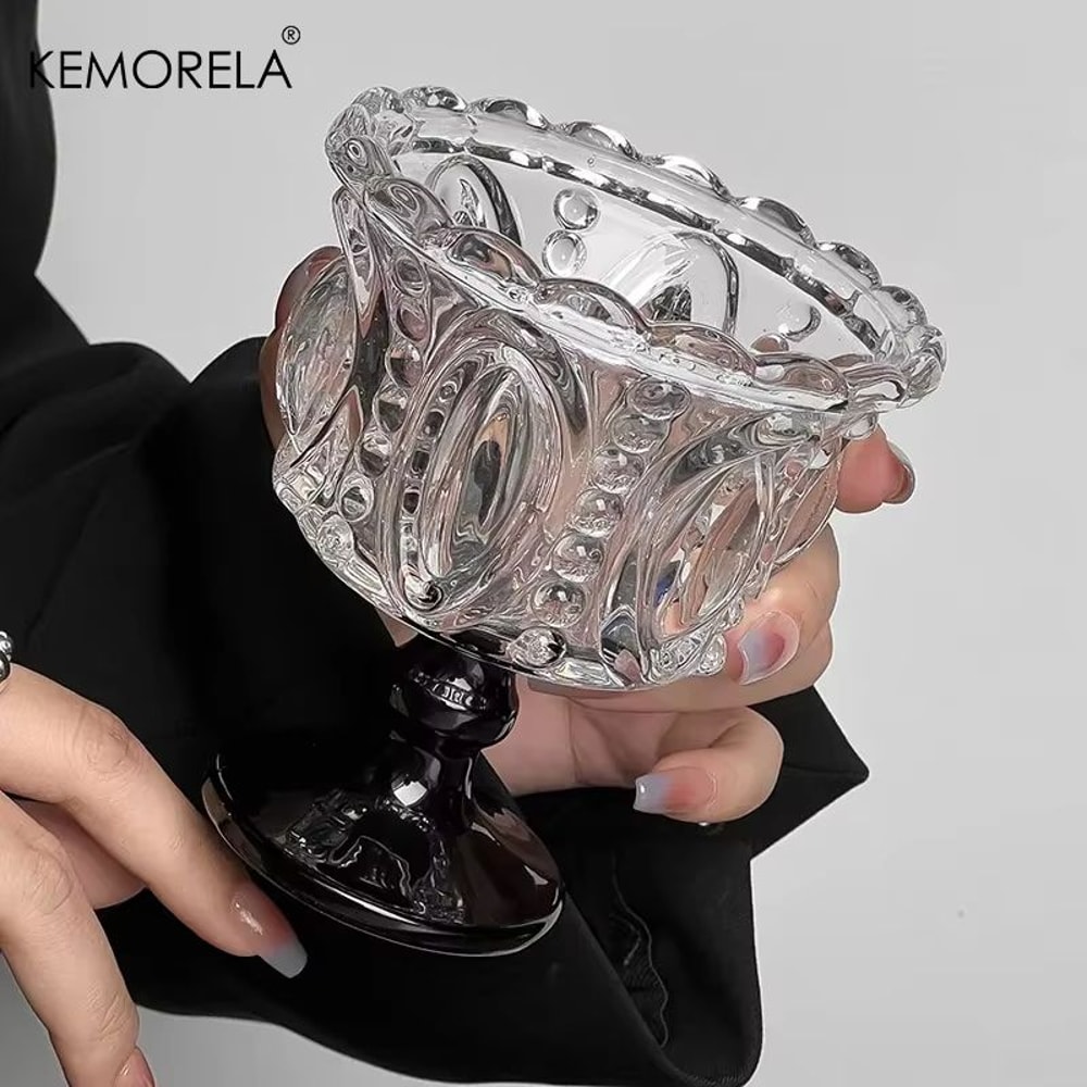 KEMORELA Retro Embossed Tall Glass Cup Black CrystalStyle Goblet For Whiskey Coffee And Desserts 1 2