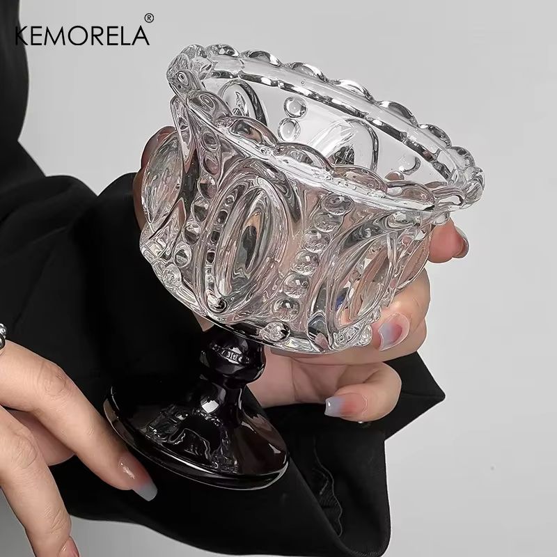 KEMORELA Retro Embossed Tall Glass Cup Black CrystalStyle Goblet For Whiskey Coffee And Desserts 1 2