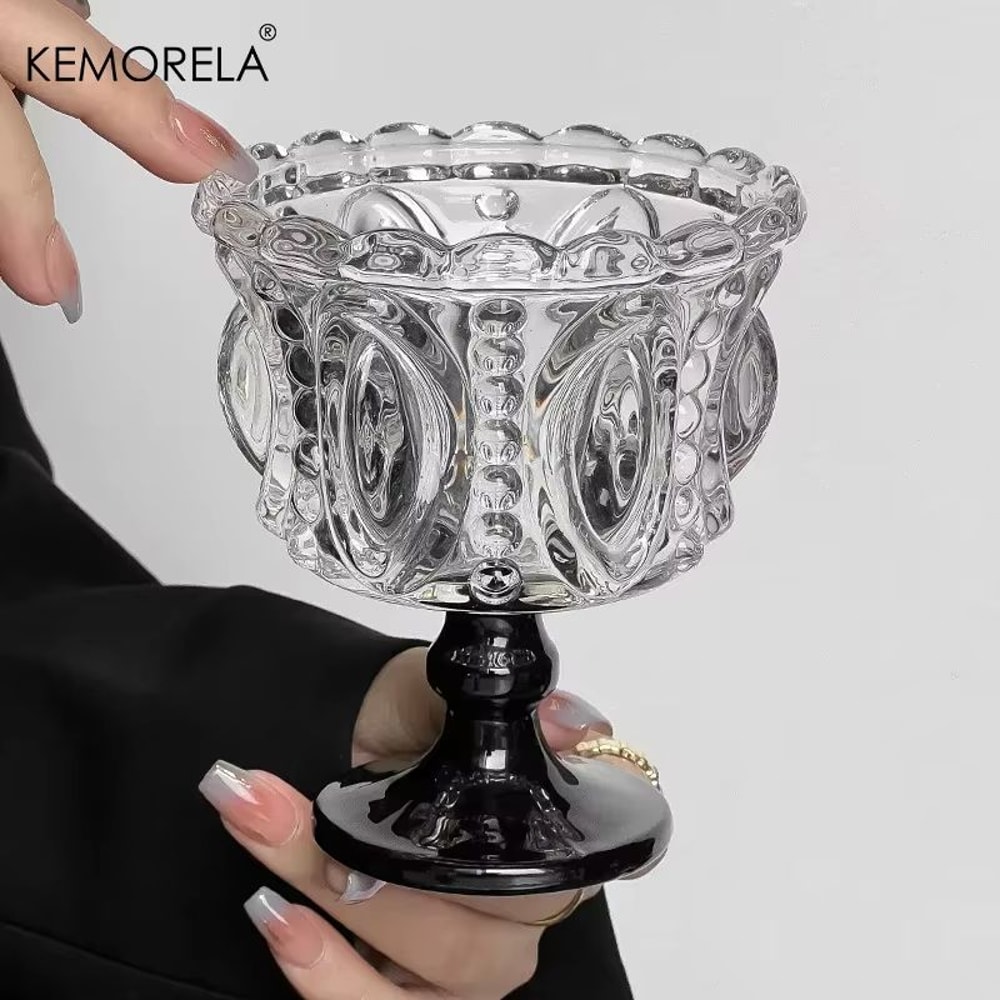 KEMORELA Retro Embossed Tall Glass Cup Black CrystalStyle Goblet For Whiskey Coffee And Desserts 1 4