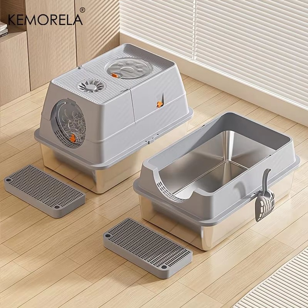 KEMORELA Extra Large Stainless Steel Litter Box With Lid HighSided Enclosure And Scoop 0