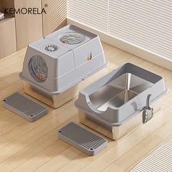 kemorela extra large stainless steel litter box with lid, high-sided enclosure and scoop