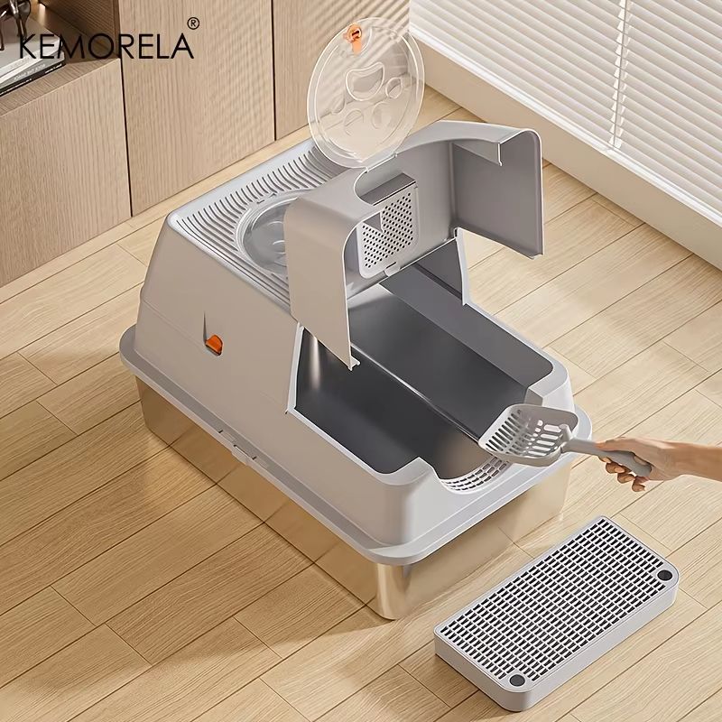 KEMORELA Extra Large Stainless Steel Litter Box With Lid HighSided Enclosure And Scoop 4