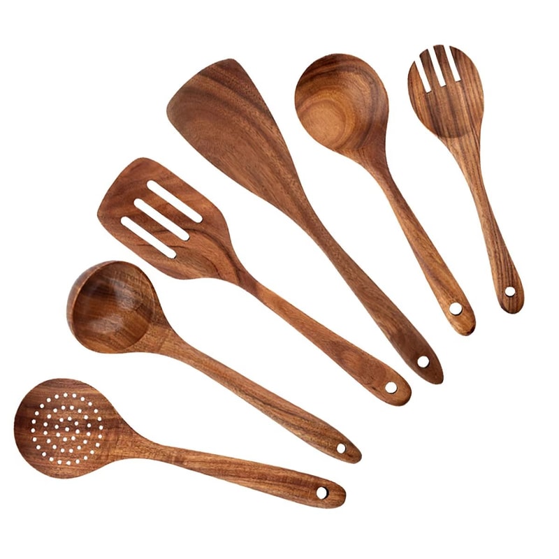 Wooden Kitchen Utensil Set With Holder Spatulas Spoons Salad Fork And Stirring Tools For Cooking A 9