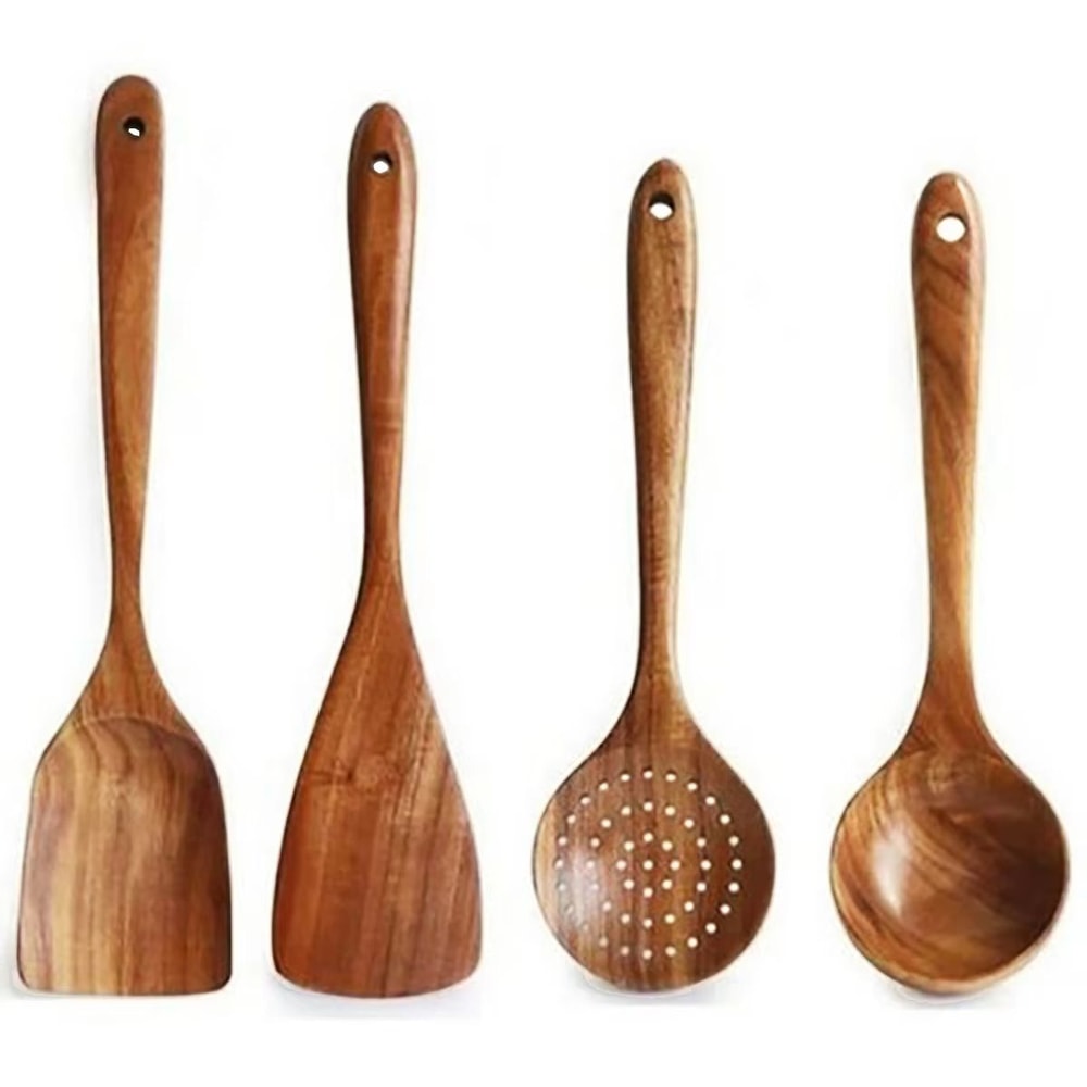 Wooden Kitchen Utensil Set With Holder Spatulas Spoons Salad Fork And Stirring Tools For Cooking A 7