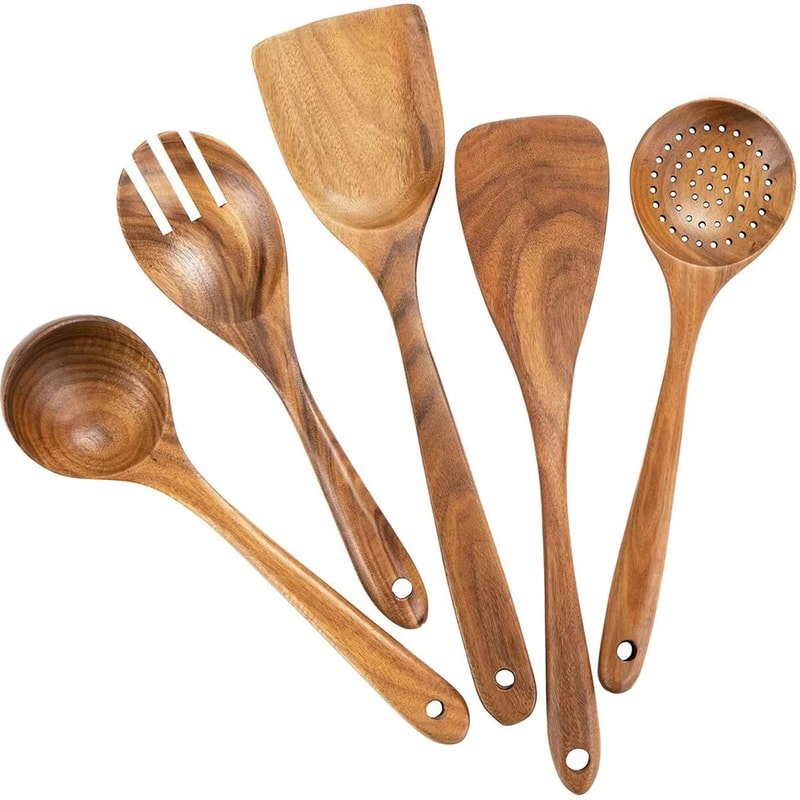 Wooden Kitchen Utensil Set With Holder Spatulas Spoons Salad Fork And Stirring Tools For Cooking A 8