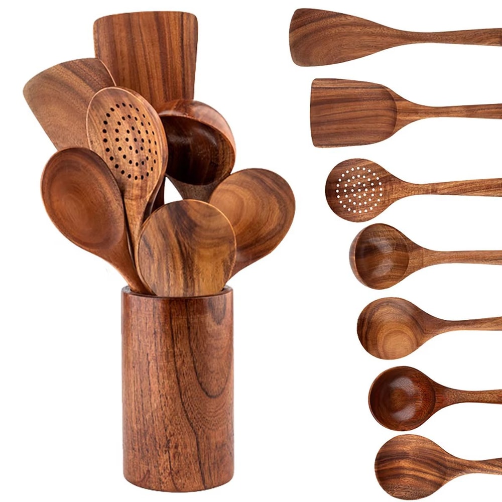 Wooden Kitchen Utensil Set With Holder Spatulas Spoons Salad Fork And Stirring Tools For Cooking A 11