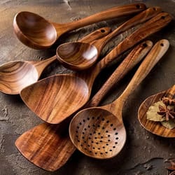 teak wooden cooking spoon set – natural non-stick safe kitchen utensils (1–10 pieces)