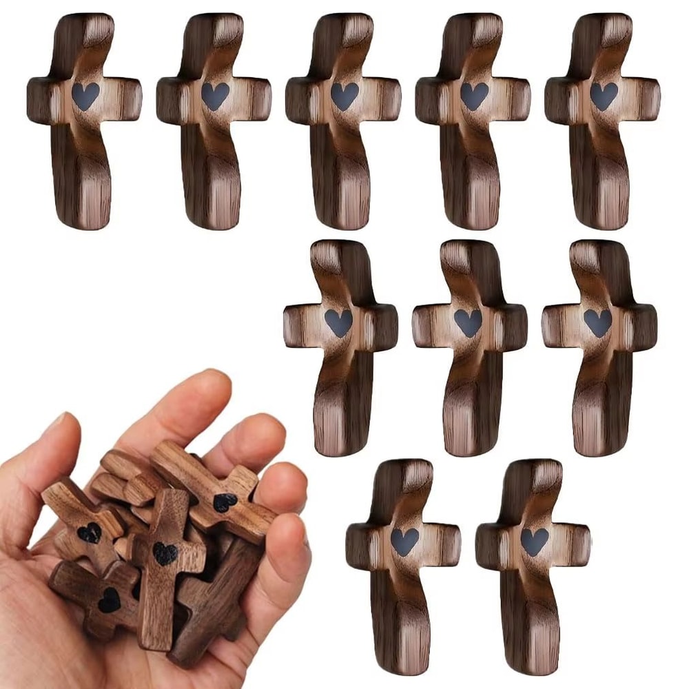 Wooden Handheld Pocket Cross With Heart Cutout Stress Relief Palm Cross And Encouragement Gift 0