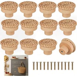 12-pack bohemian rattan drawer knobs – round wooden wicker-weave cabinet knobs with screws