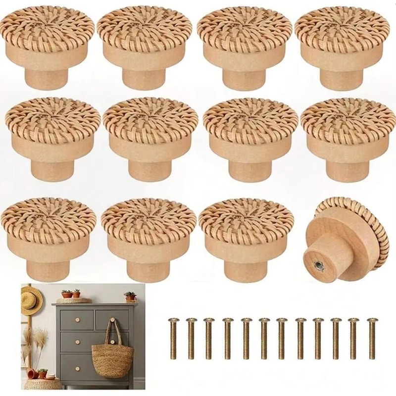 12Pack Bohemian Rattan Drawer Knobs Round Wooden WickerWeave Cabinet Knobs With Screws 0