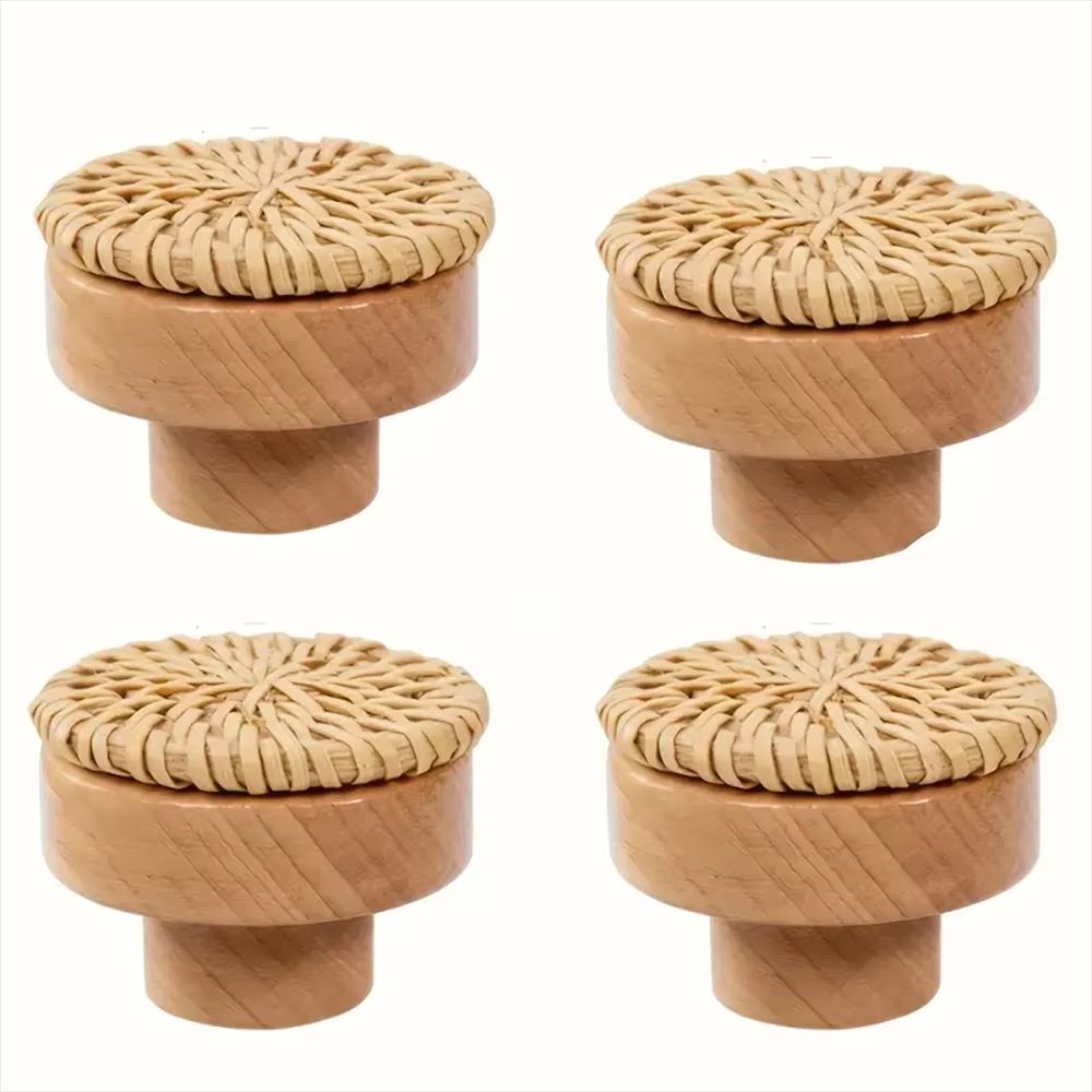 12Pack Bohemian Rattan Drawer Knobs Round Wooden WickerWeave Cabinet Knobs With Screws 9