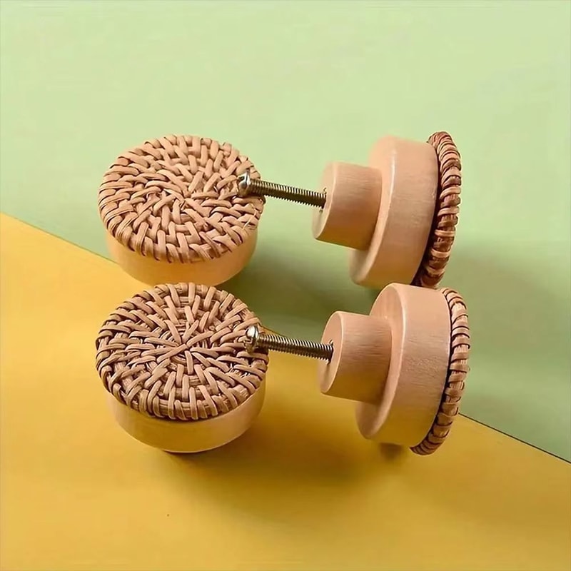 12Pack Bohemian Rattan Drawer Knobs Round Wooden WickerWeave Cabinet Knobs With Screws 2
