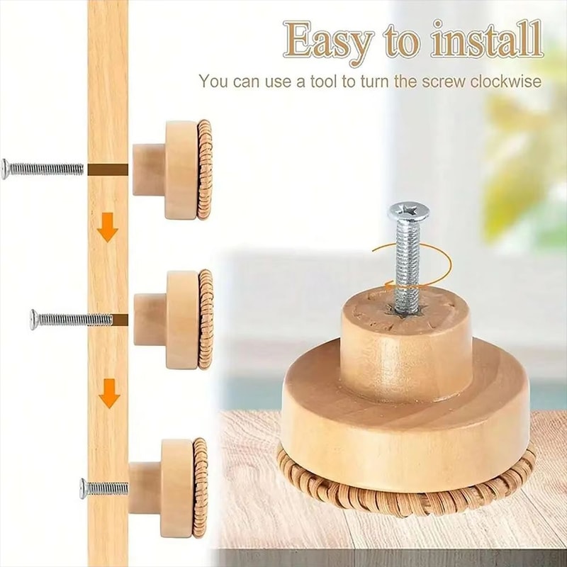 12Pack Bohemian Rattan Drawer Knobs Round Wooden WickerWeave Cabinet Knobs With Screws 4