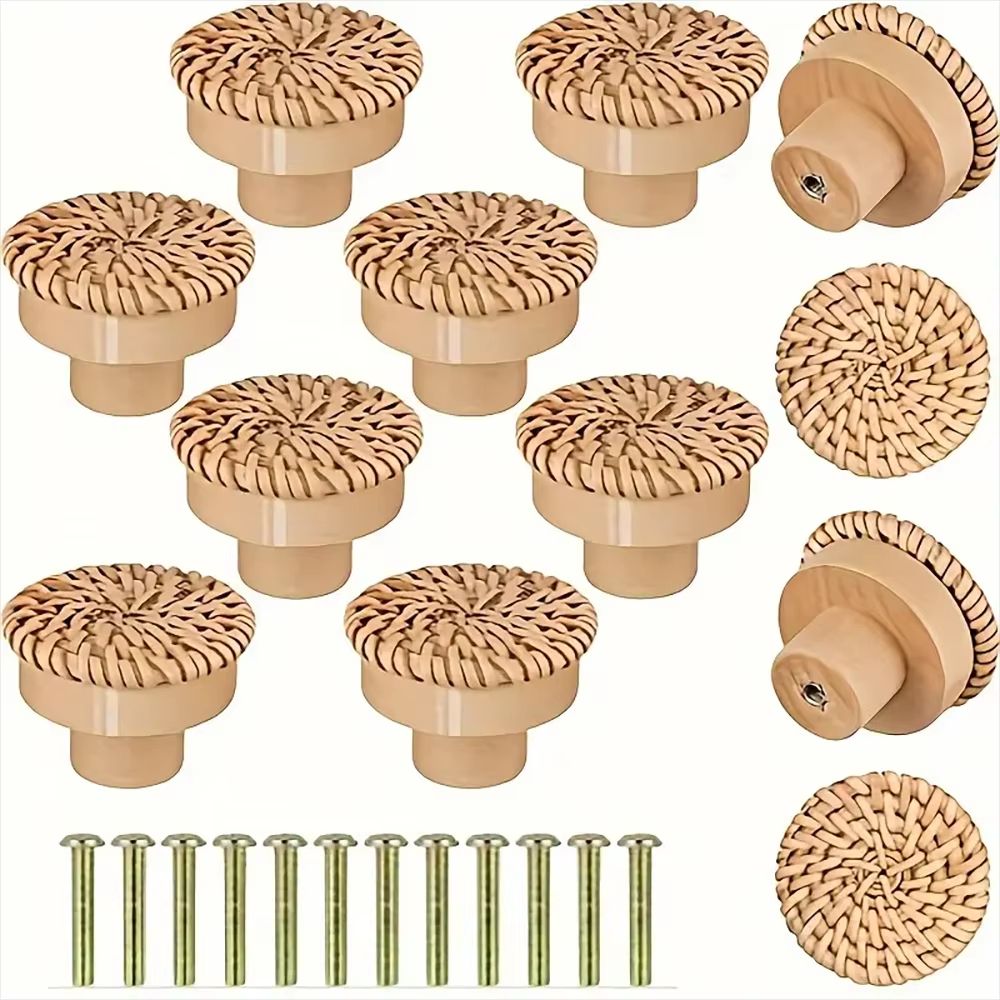 12Pack Bohemian Rattan Drawer Knobs Round Wooden WickerWeave Cabinet Knobs With Screws 7