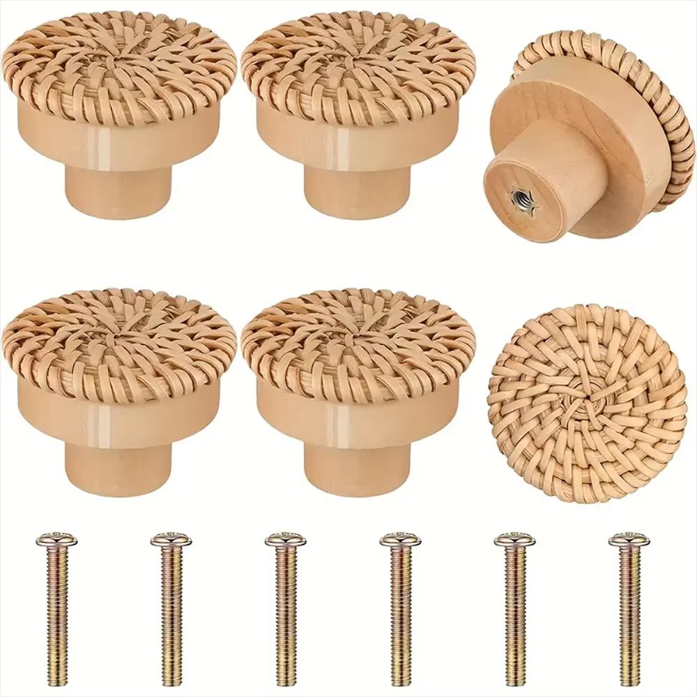 12Pack Bohemian Rattan Drawer Knobs Round Wooden WickerWeave Cabinet Knobs With Screws 8