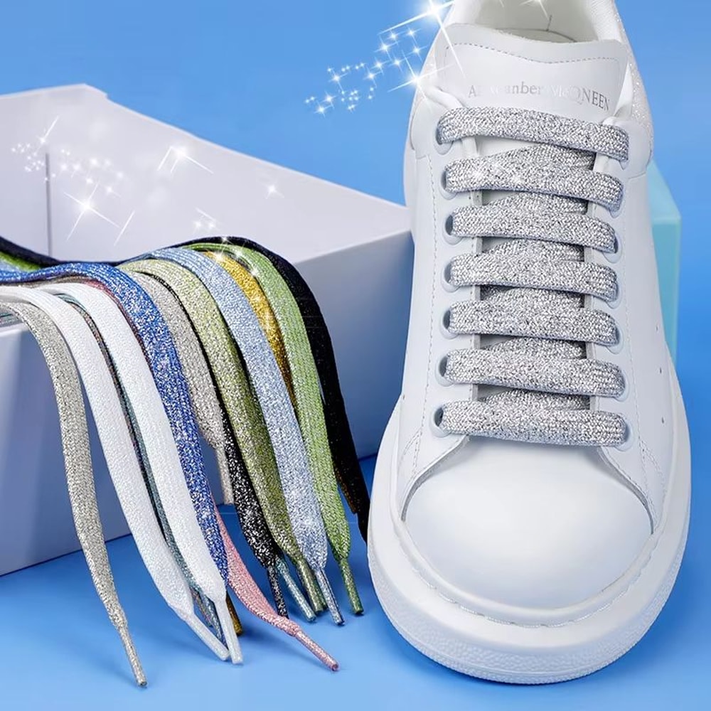 Glitter Shoelaces Shiny Flat Shoe Laces In Gold And Silver 039in Width For Sneakers And Boots 0