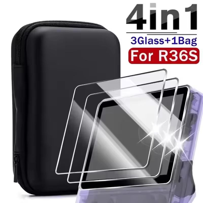 3in1 Carrying Storage Case With Tempered Glass Screen Protectors For R36S Game Console 8