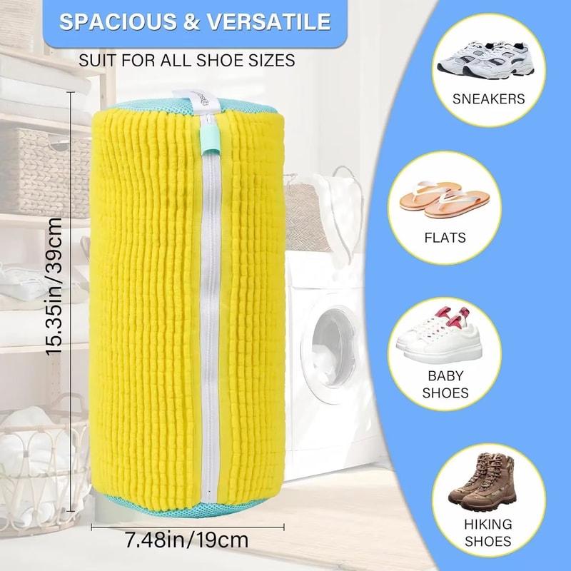 Durable Shoe Washing Machine Laundry Bag For Sneakers And Casual Shoes Yellow With Blue Zipper 3