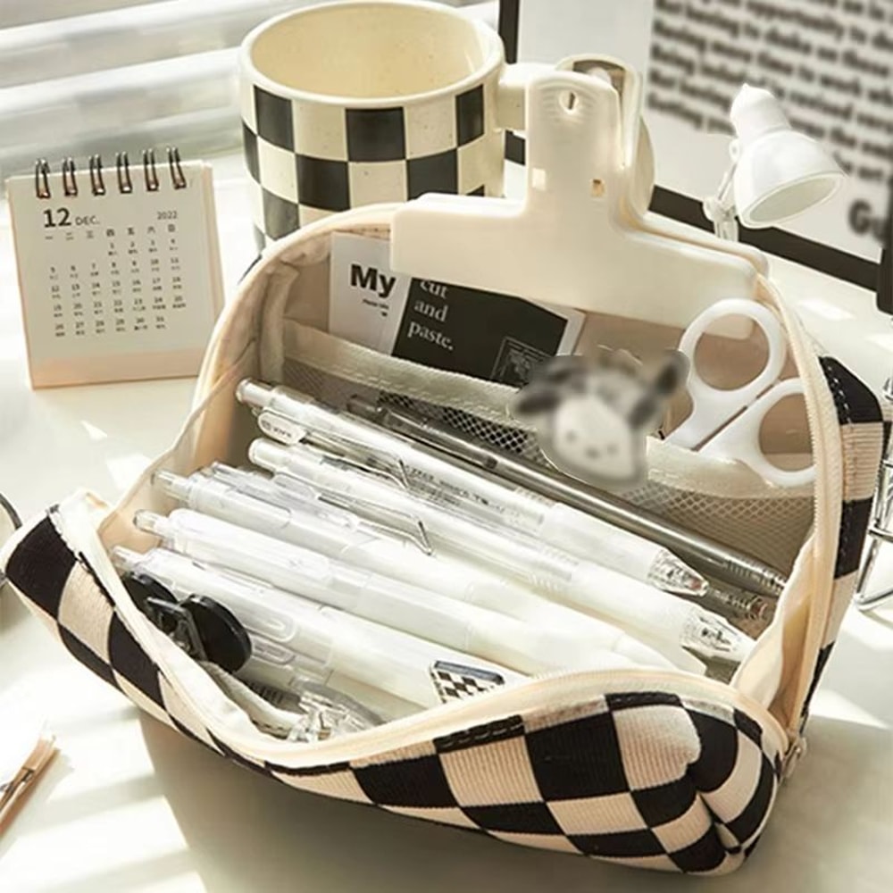 Checkerboard Large Capacity Pencil Case Fashion Student Stationery Bag With Zipper Storage 1