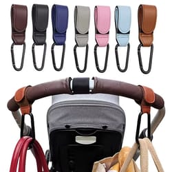 adjustable leather stroller hooks 2-pack, universal pu pram bag hangers for diaper bag and travel essentials