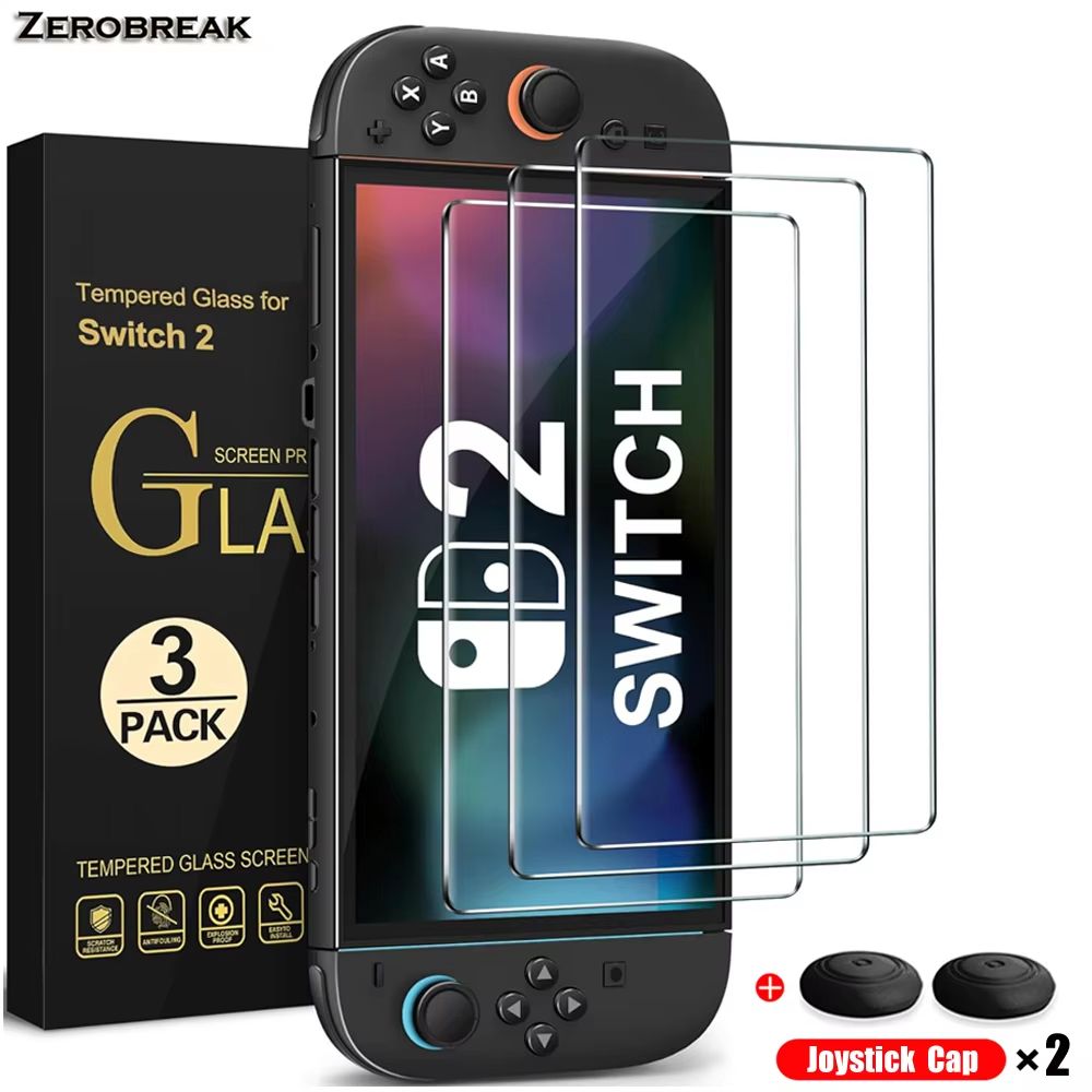 Tempered Glass Screen Protector With Joystick Caps For Nintendo Switch 2 Console 0