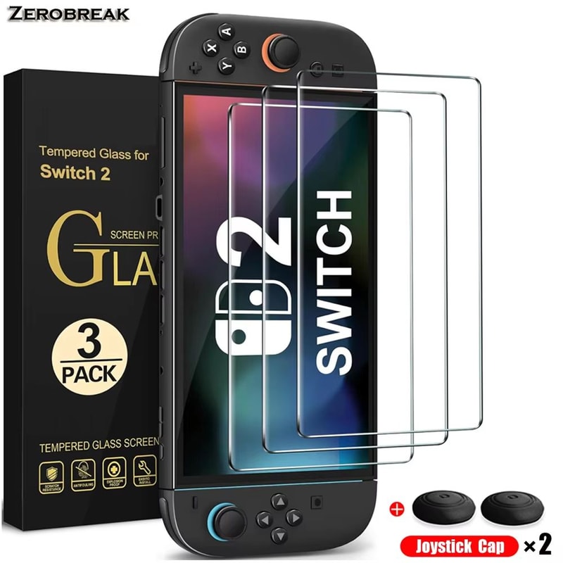 Tempered Glass Screen Protector With Joystick Caps For Nintendo Switch 2 Console 0