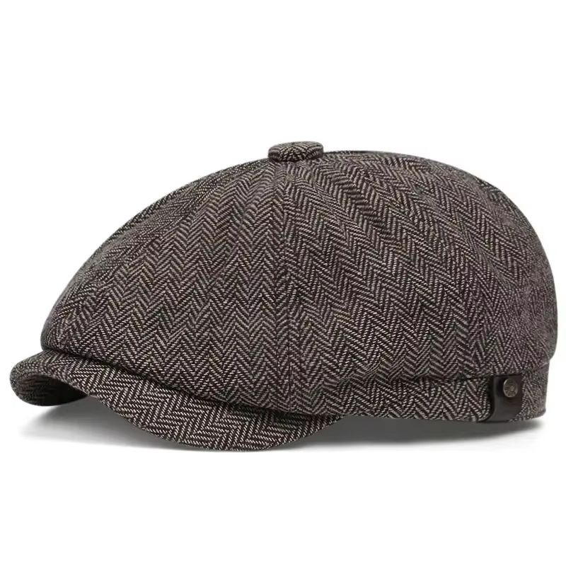 Mens Vintage Striped Herringbone Octagonal Beret Hat 2
