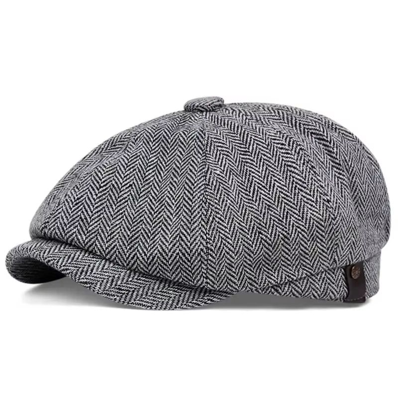 Mens Vintage Striped Herringbone Octagonal Beret Hat 9