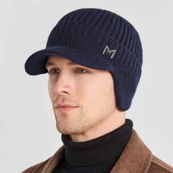 unisex winter knitted beanie with brim and fleece lined ear flap